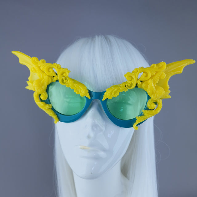 "Bathory" Teal & Yellow Filigree Ornate Bat Wing & Cherub Sunglasses