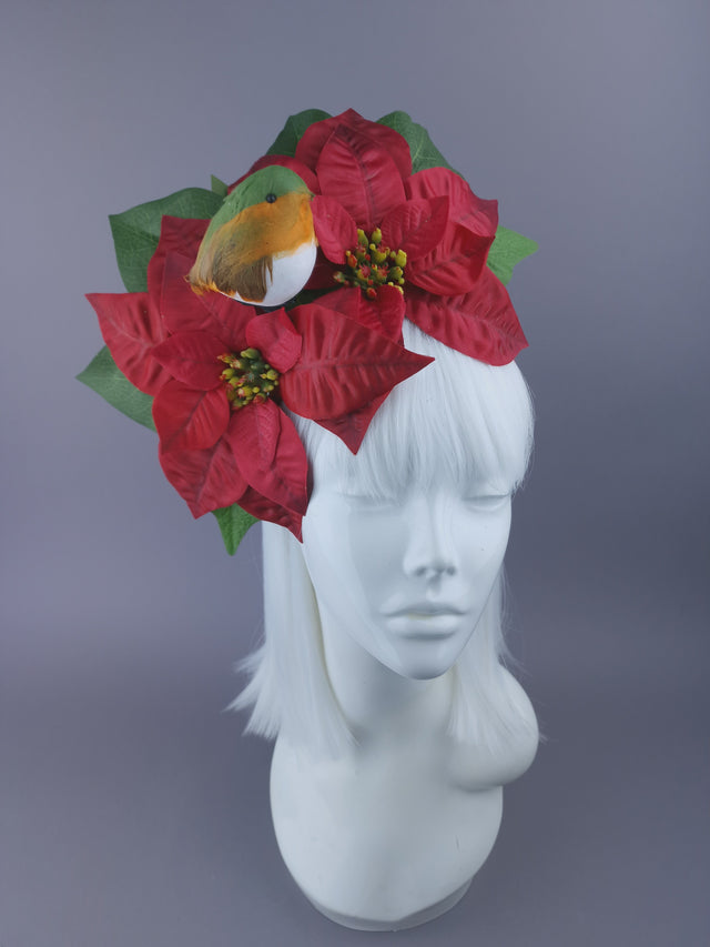 Large Red Poinsettia & Robin Xmas Headdress