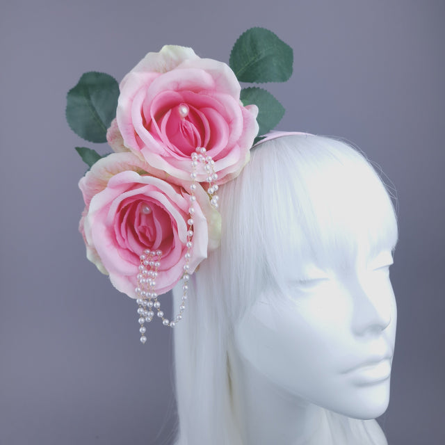 Pearls & Swine: Pink Rose & Pearl Flower Headdress "Fufu"