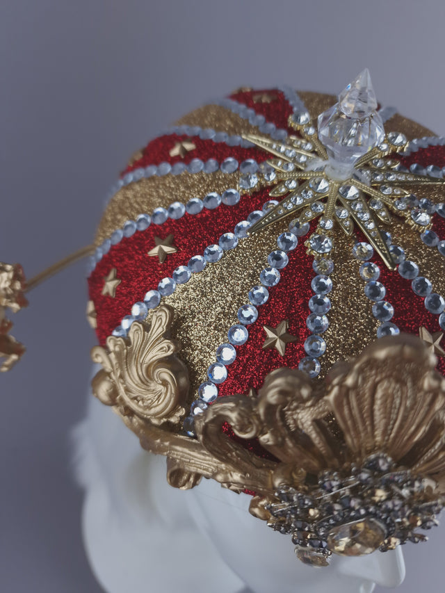 "Cirque Forever" Gold & Red Circus Carousel Wired Veil Hat