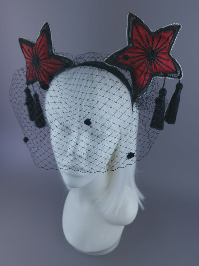 "Rubette" Red & Black Star & Tassel Veil Headdress