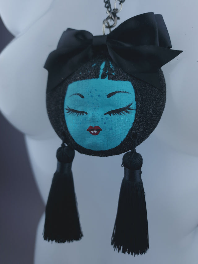 Blue Dollface & Blinking Eye Necklace Brooch Jewellery