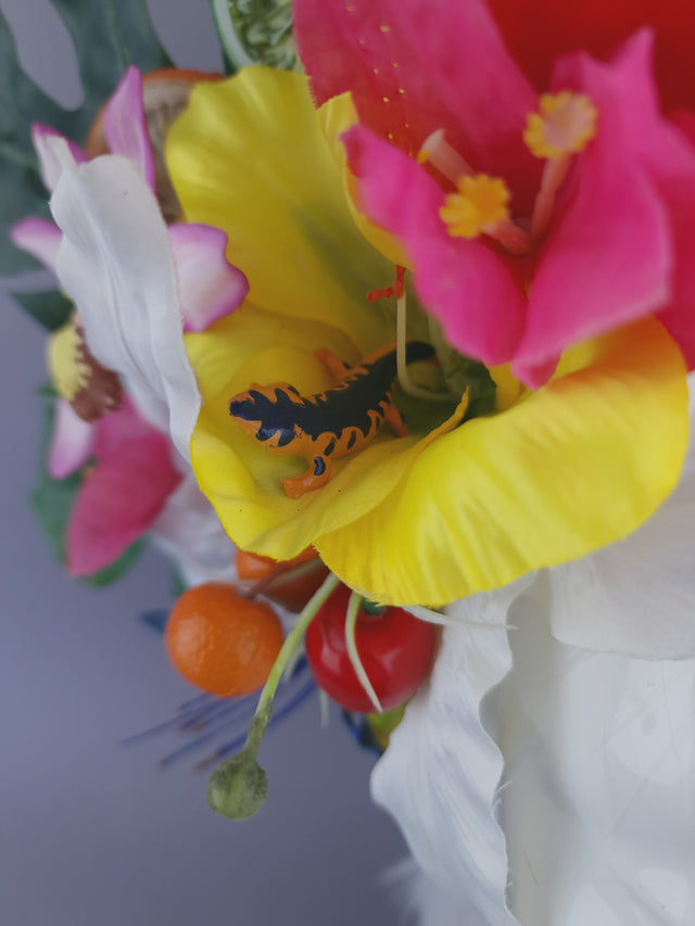 Pearls & Swine: Maximalist Tropical Floral Headpiece with Dinosaur "Jungle Boogie"