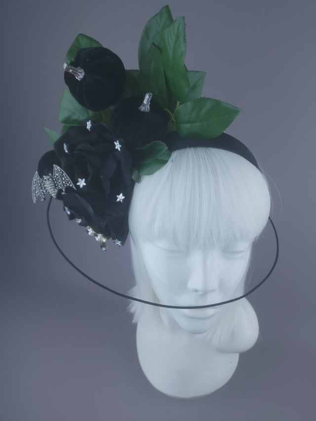 Pearls & Swine: Black Roses & Bat Headband Headpiece "Belfry"