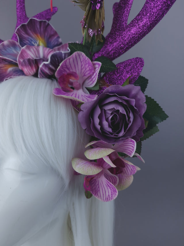 Pearls & Swine: Maximalist Purple/Pink Floral Deet Horn Headdress with Hummingbirds