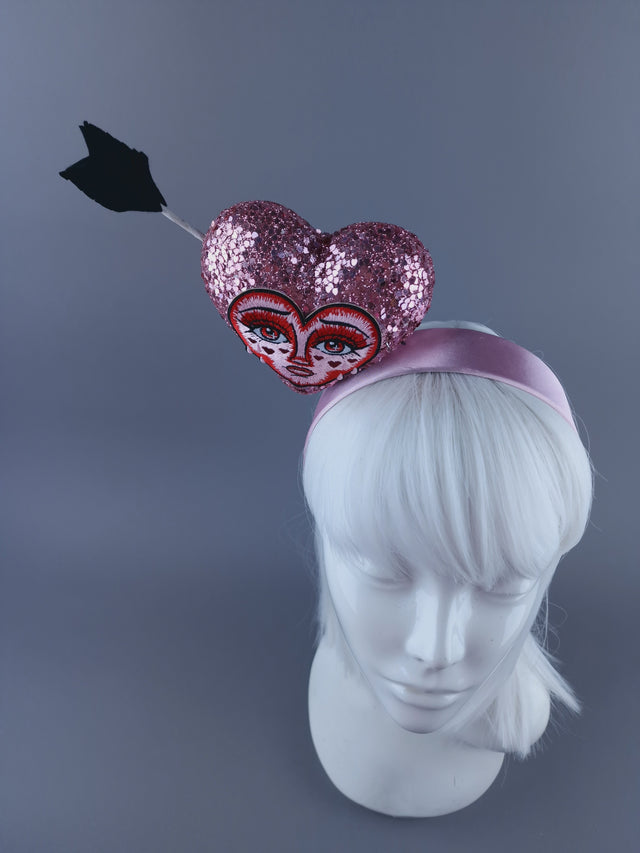 "Crush" Pink Glitter Heart with Embroidery Face Headdress