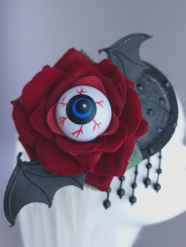 "Demiana" Red Rose, Eyeballs, Bat Wing Mini Fascinator