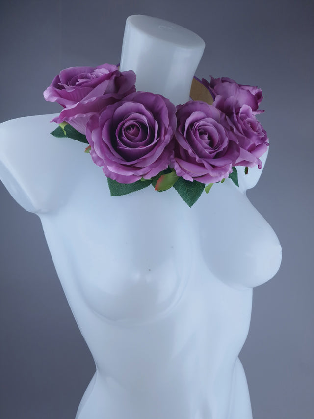 "Mavis" Pink/Purple Rose Flower Headdress & Neckpiece