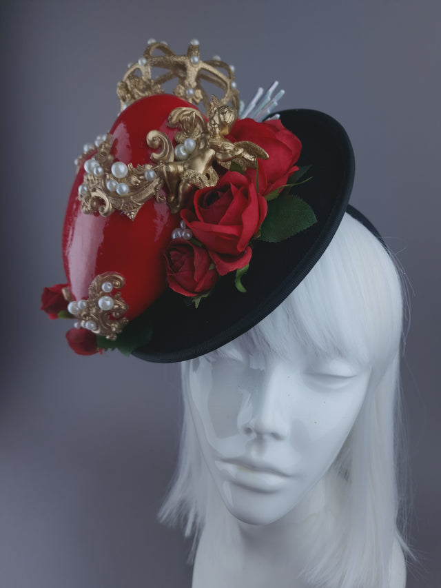 Pearls & Swine: Hat Red Sacred Heart, Cherub & Roses