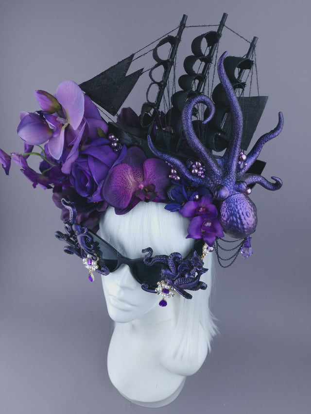 Pearls & Swine: Bespoke Commission Purple & Black Ship Headdress with Sunglasses