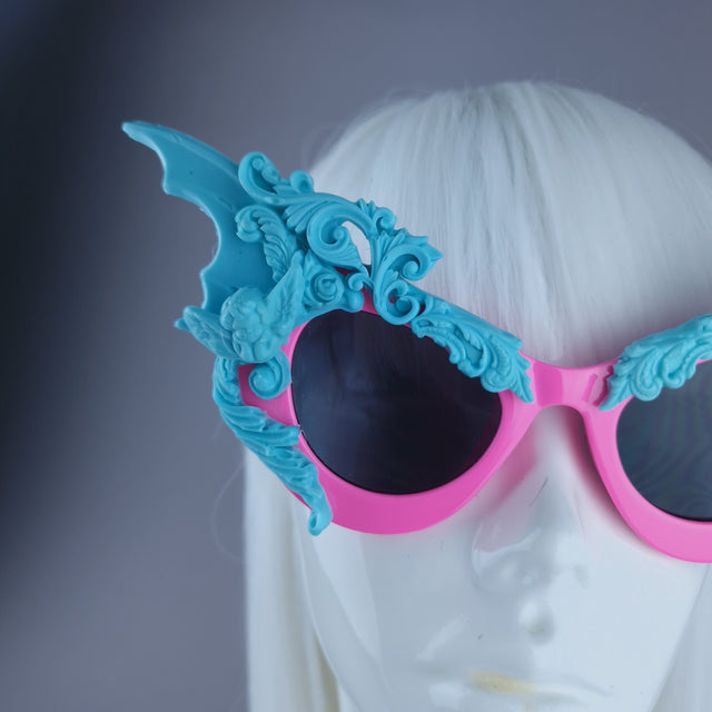 "Bathory" Pink & Blue Filigree Ornate Bat Wing & Cherub Sunglasses