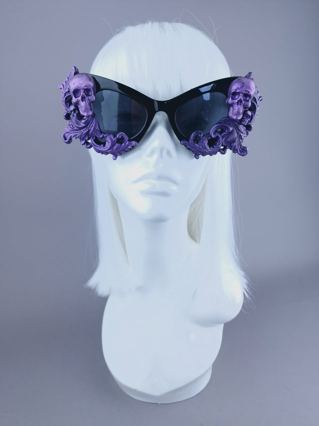 "Goth AF" Purple Black Filigree & Skulls Catseye Sunglasses