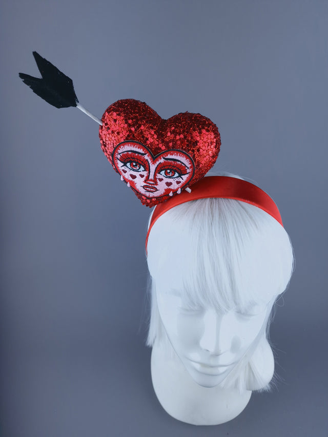 "Crush" Red Glitter Heart with Embroidery Face Headdress