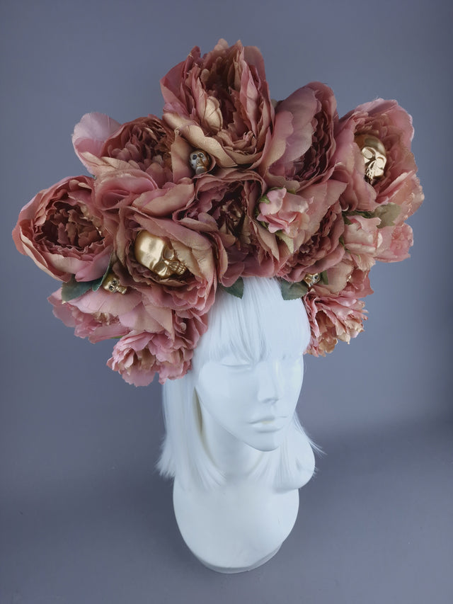 "Aya" Dusky Pink & Gold Peony Headdress with Skulls