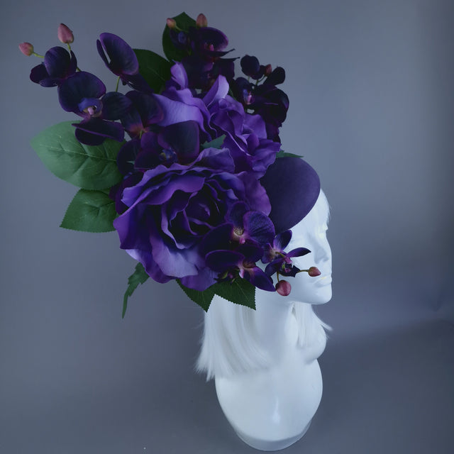 "Amoret" Purple Giant Rose & Orchid Fascinator Hat