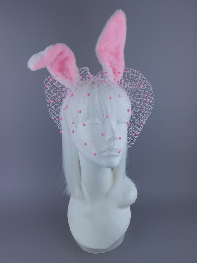 "Flopsy" Pink & White Bunny Ear Veil Headdress