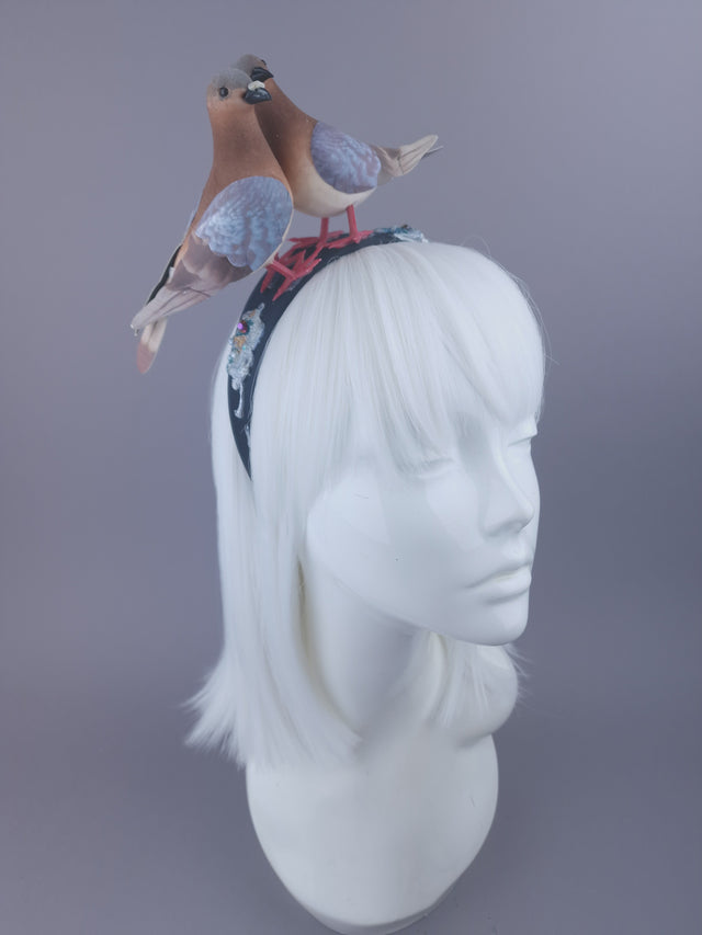 Pearls & Swine: Whimsical Pigeons in Love Headband "Wabi-Sabi"