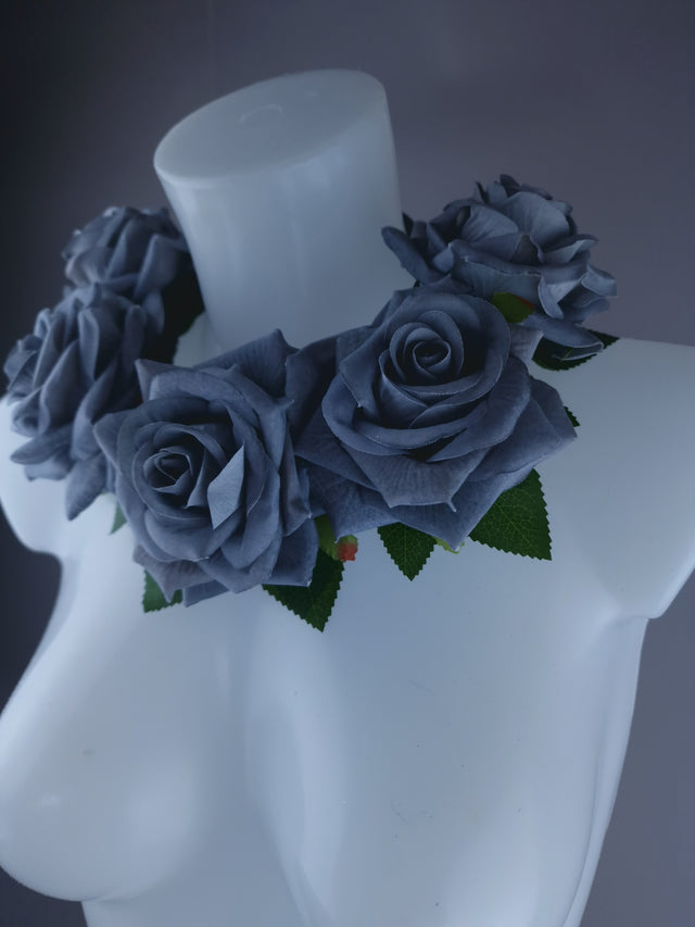 "Eva" Grey Velvet Rose Flower Headdress & Neckpiece