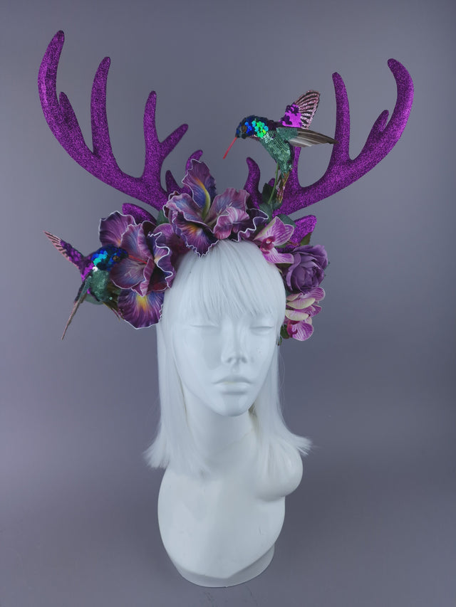 Pearls & Swine: Maximalist Purple/Pink Floral Deet Horn Headdress with Hummingbirds