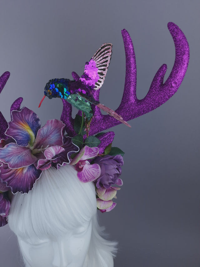 Pearls & Swine: Maximalist Purple/Pink Floral Deet Horn Headdress with Hummingbirds