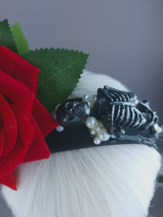 Pearls & Swine: Red Rose, Pearls & Skeleton Headband Headpiece "Buried"