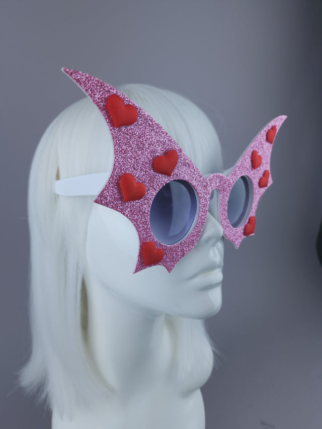 Peaeks & Swine: Pink Glitter & Red Heart Bat Wing Sunglasses "The Night Flier"