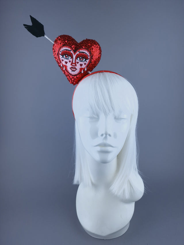 "Crush" Red Glitter Heart with Embroidery Face Headdress