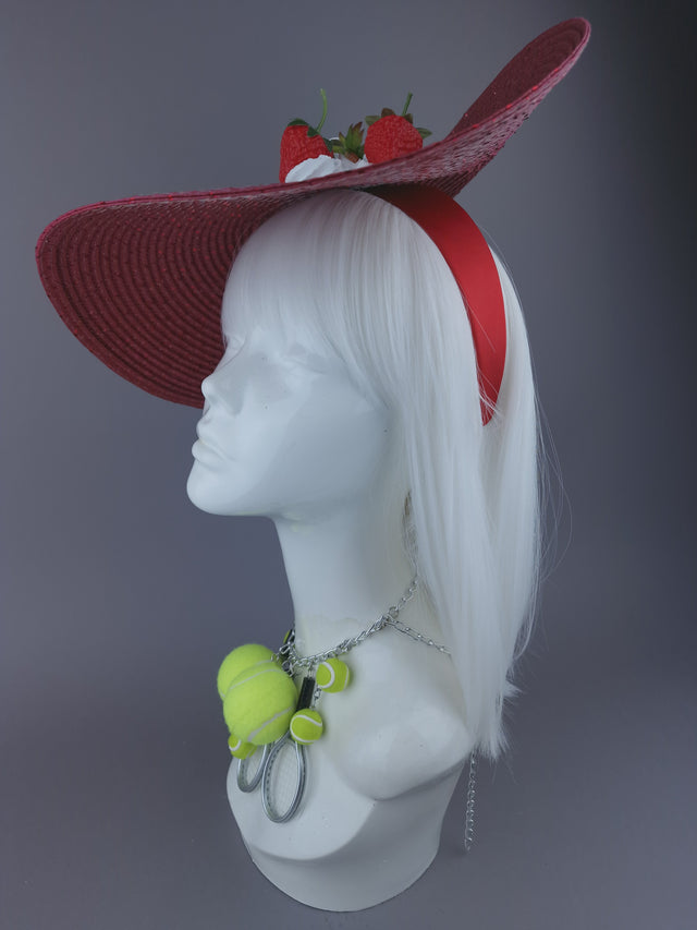 Pearls & Swine: Bespoke Commission Wimbledon Strawberries & Cream Hat with Tennis Ball & Racket Necklace