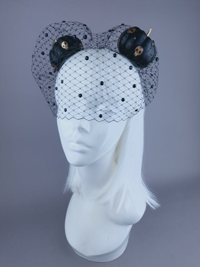 "Boo" Black & Gold Skull Pumpkin Ear Veil Headdress