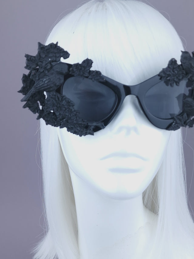 "Lilith" Black Bird & Flowers Filigree Catseye Sunglasses