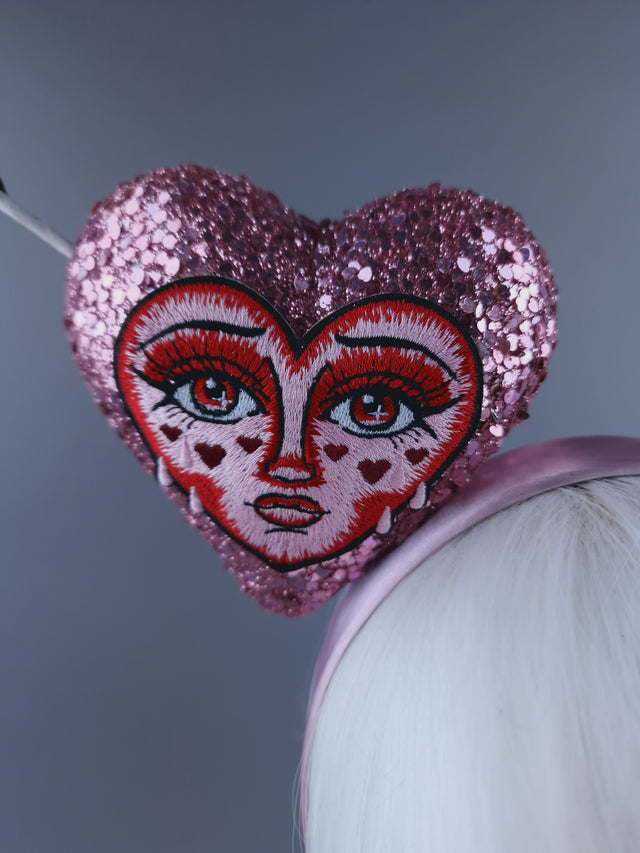 "Crush" Pink Glitter Heart with Embroidery Face Headdress