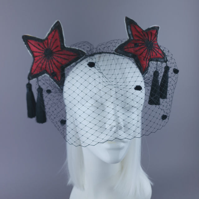 "Rubette" Red & Black Star & Tassel Veil Headdress