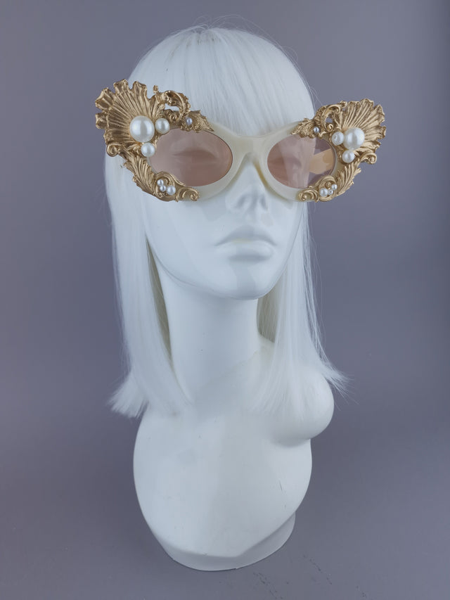 Pearls & Swine: Gold Shell, Filigree & Pearl Sunglasses "Coquillage"