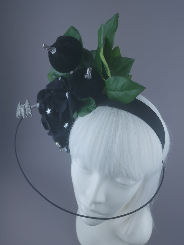 Pearls & Swine: Black Roses & Bat Headband Headpiece "Belfry"