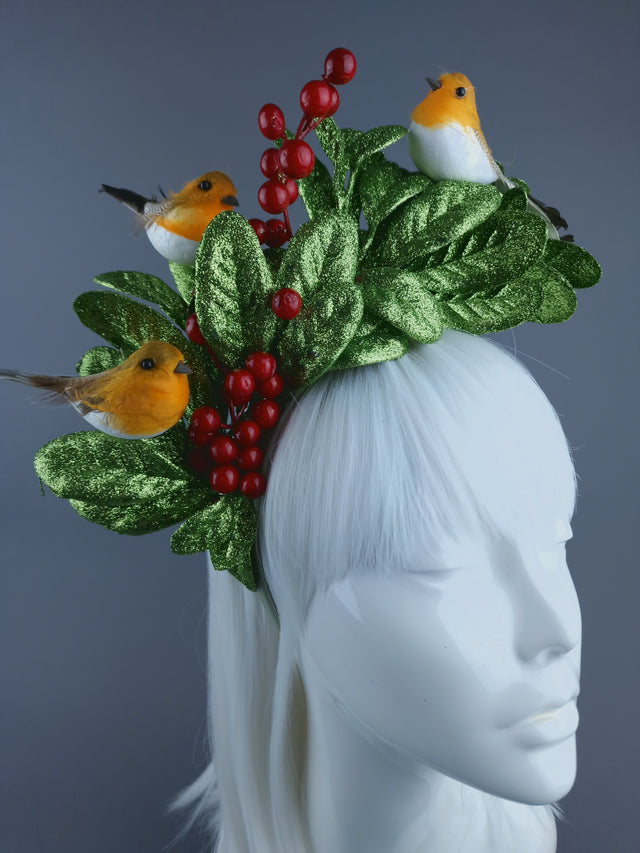 Glittered Holly & Robin Birds Xmas Headdress