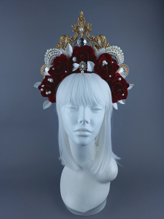 "Doryu" Red Rose, Pearls & Gold Filigree Halo Headdress