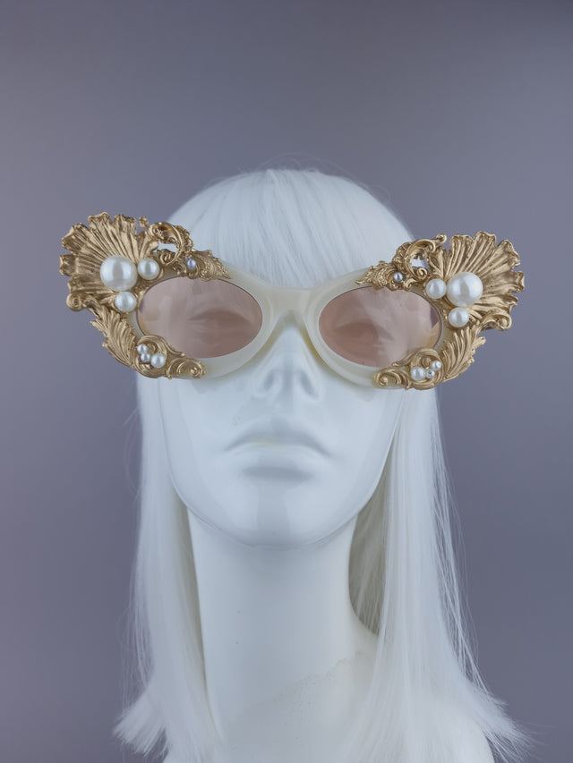 Pearls & Swine: Gold Shell, Filigree & Pearl Sunglasses "Coquillage"