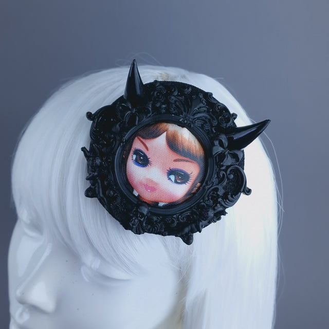 "Little Devil" Black Filigree Bradley Doll Face Mini Fascinator with Horns