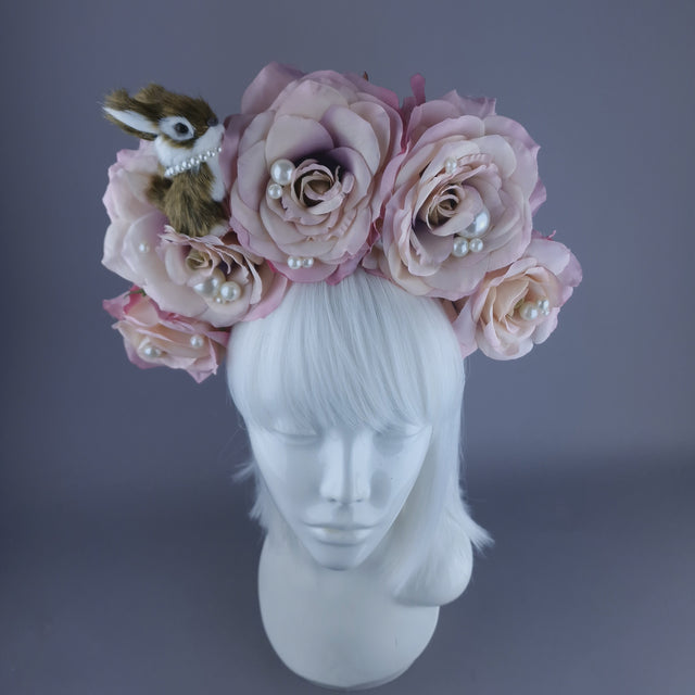 "Hoppit" Bunny Rabbit, Pearls & Pink Roses Headpiece