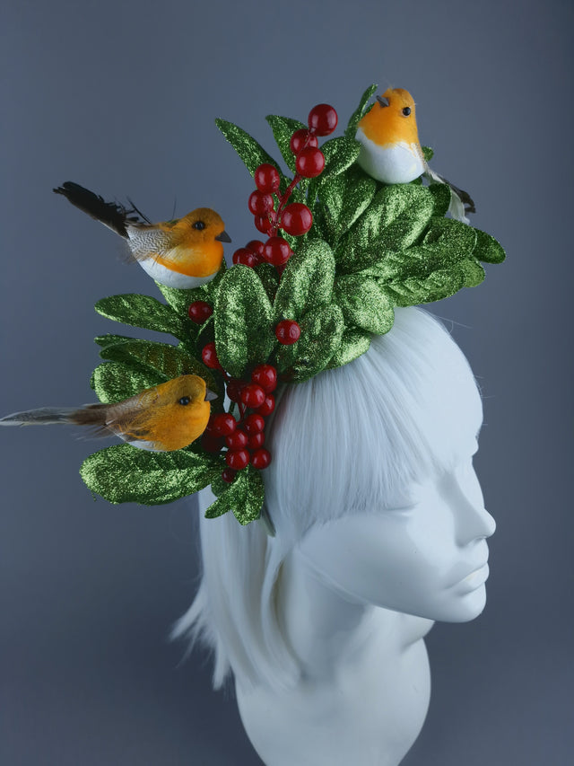 Glittered Holly & Robin Birds Xmas Headdress