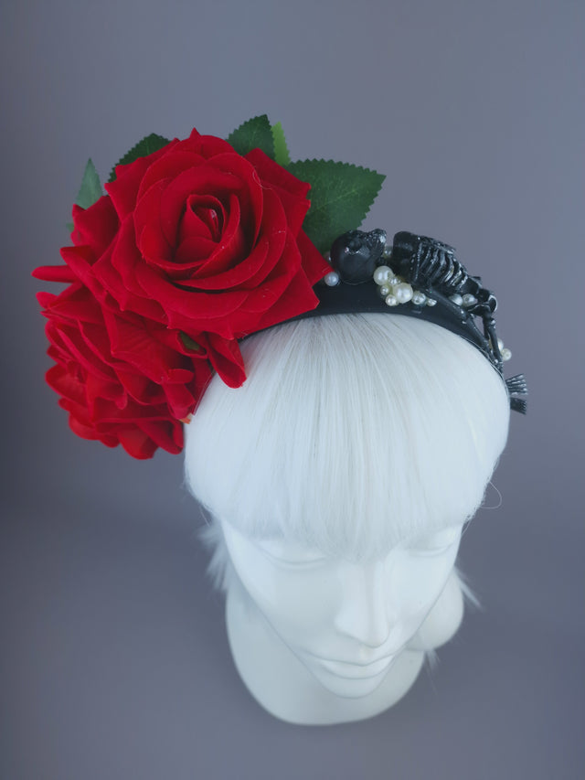 Pearls & Swine: Red Rose, Pearls & Skeleton Headband Headpiece "Buried"
