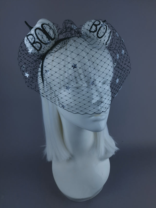 "Boo-Boo" Black & White Pumpkin Ear Veil Headdress