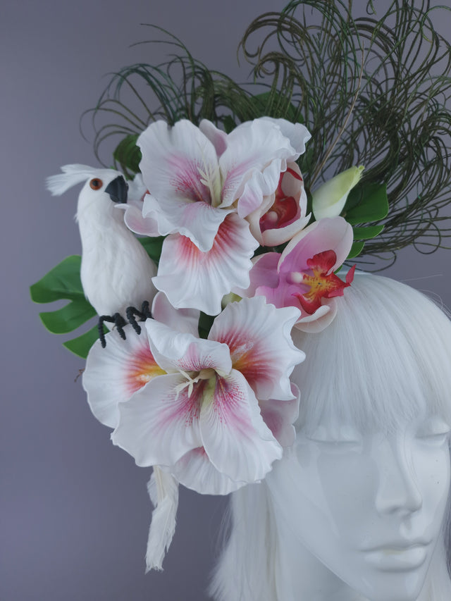 Pearls & Swine: Maximalist White Orchid Floral Feather Headpiece with Parrot