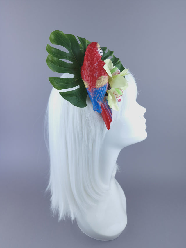"Tropic" Red Parrot & Orchid Mini Fascinator
