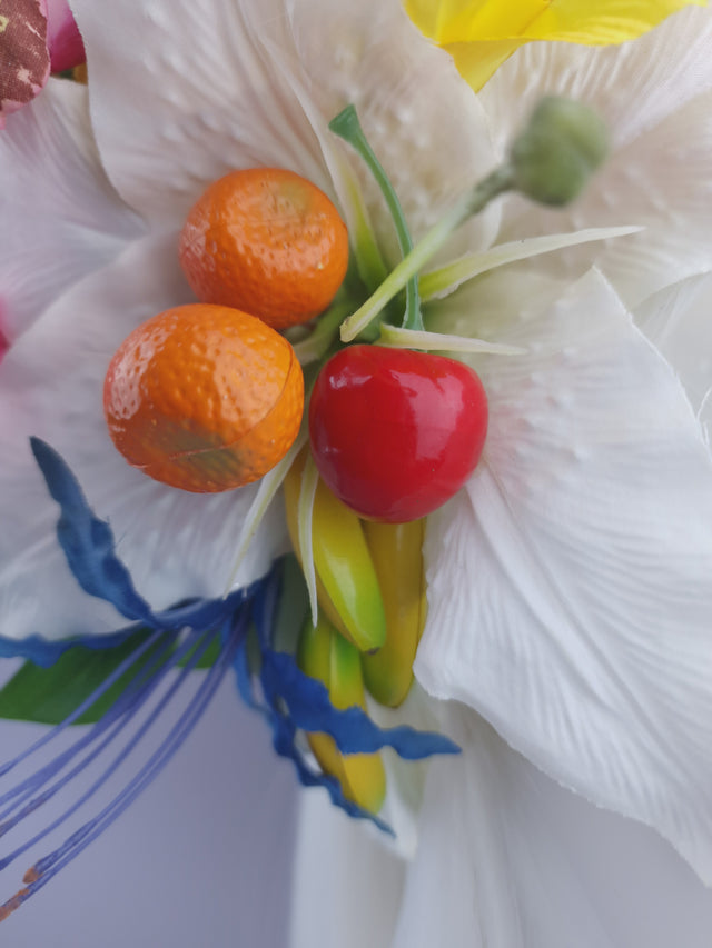 Pearls & Swine: Maximalist Tropical Floral Headpiece with Dinosaur "Jungle Boogie"