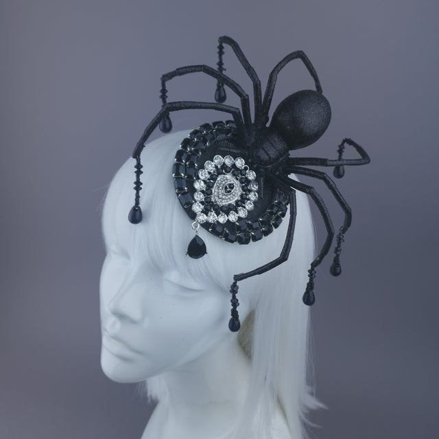 Pearls & Swine: Black Spider & Jewel Mini Fascinator "Toxin"