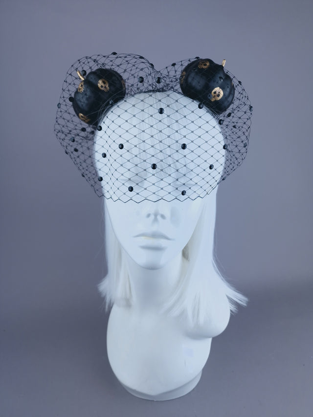 "Boo" Black & Gold Skull Pumpkin Ear Veil Headdress