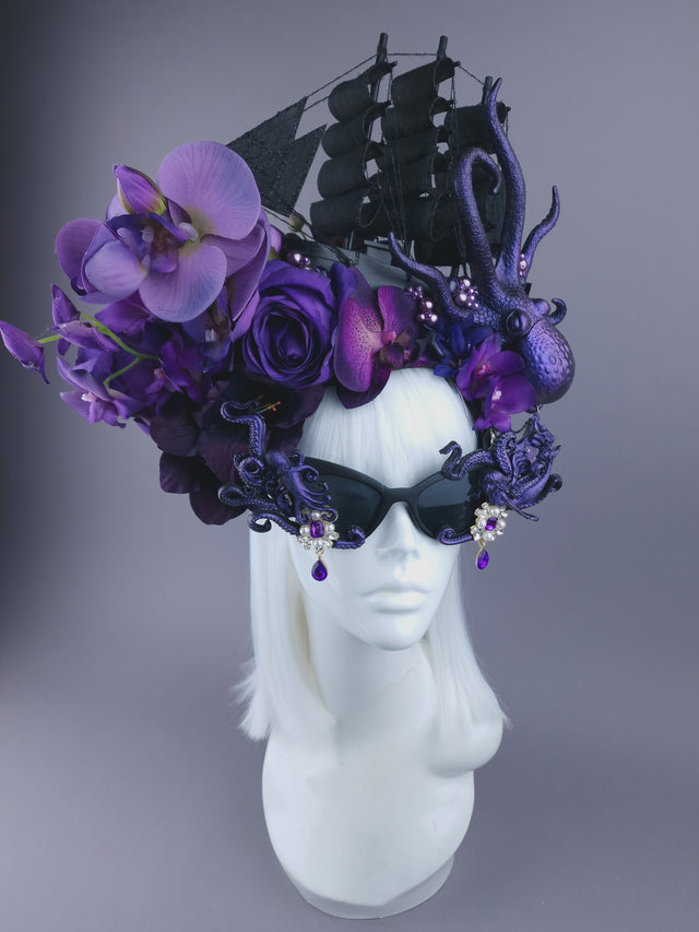 Pearls & Swine: Bespoke Commission Purple & Black Ship Headdress with Sunglasses