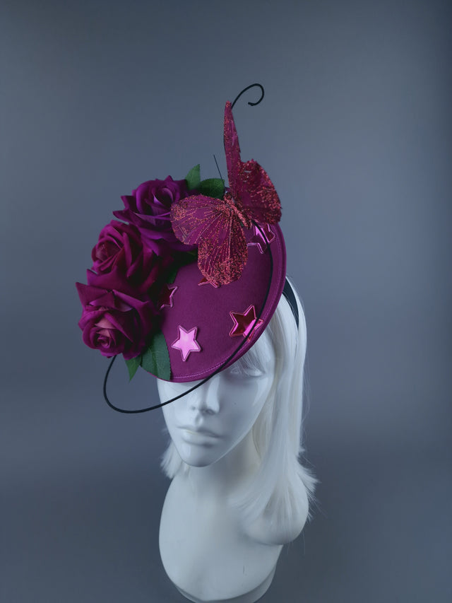 "Emily" Cerise Rose, Stars & Butterfly Fascinator Hat