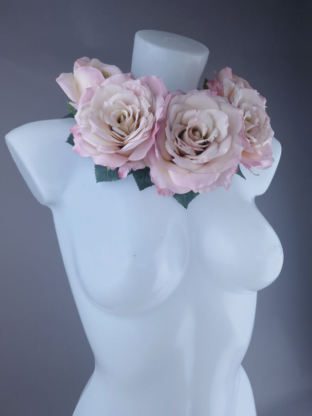 "Dawn" Pale Dusky Pink Rose Headdress & Neckpiece